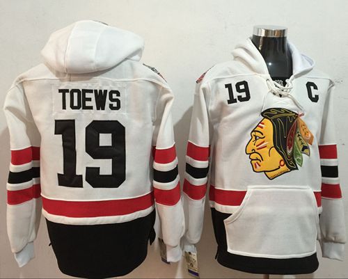 Blackhawks #19 Jonathan Toews White Name & Number Pullover NHL Hoodie - Click Image to Close